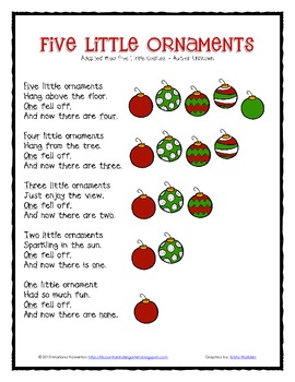 Preview of Five Little Ornaments Poem and Finger Puppets Christmas ELA Math