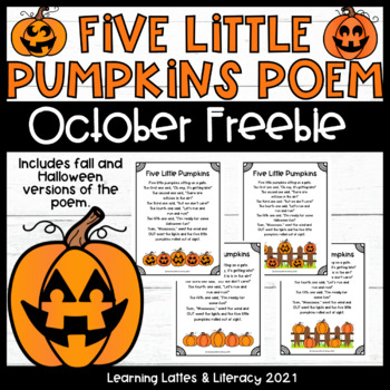 Preview of Five Little Pumpkins Poem FREE Halloween Fall October Literacy Math Centers
