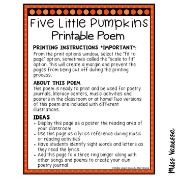 Five Little Pumpkins Poem Printable Free