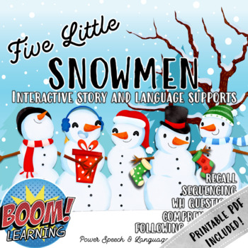 Preview of Five Little Snowmen, BOOM Cards Speech Therapy, Interactive Story, Homework
