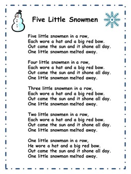 Five Little Snowmen Song Lyrics Sheet by Songs For Fun and Learning