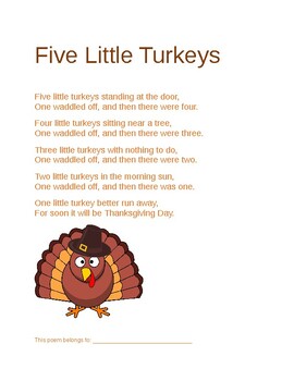 Preview of Five Little Turkeys Thanksgiving Poem with worksheet