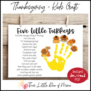 Preview of Five Little Turkeys - Thanksgiving - Pumpkin pie - Poem - handprint Art