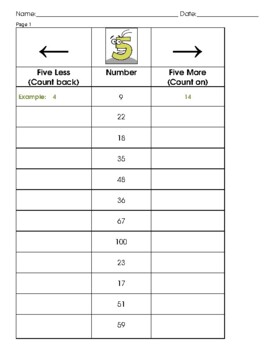 Preview of Five More Five Less Graphic Organizer Number Order