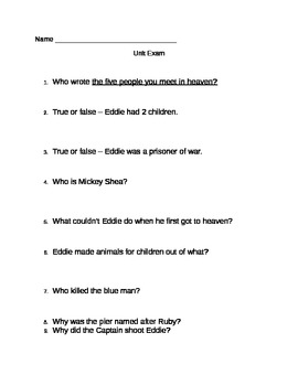 5 People You Meet In Heaven Assessment Worksheets Tpt