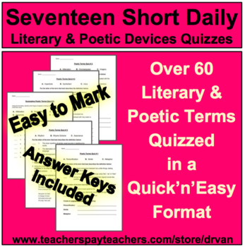 Preview of 17 Daily Quick & Easy Literary & Poetic Devices Quizzes - Easy to Mark!