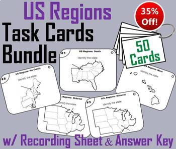 Preview of Five Regions of the United States Task Card Activity Bundle (US Geography Unit)
