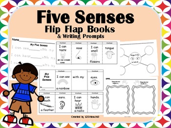 Preview of Five Senses Flip Flap Book & Writing Prompts, Kindergarten, First Grade