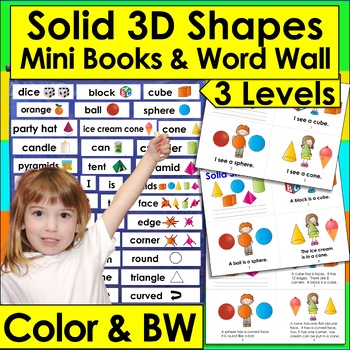 Preview of 3D Shapes - Solid Shapes Mini Books - 3 Reading Levels + Illustrated Word Wall