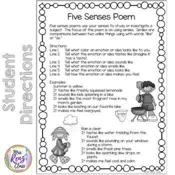 Five Senses Poem Freebie By Mrs Renz Class Tpt