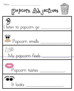 Five Senses Popcorn Adjectives by ABC Kindergarten | TpT