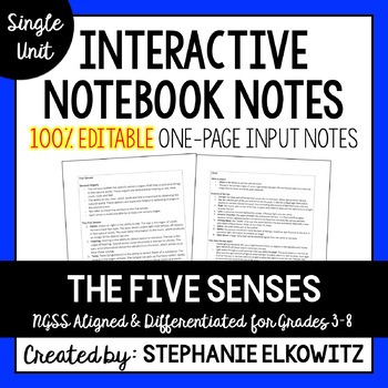 Preview of Five Senses and Sensory Processing Editable Notes