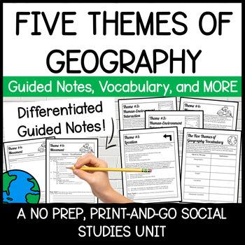 Preview of Five Themes of Geography 5th Grade | Guided Notes, Vocabulary, + Assessment