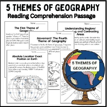 Preview of Five Themes of Geography Reading Comprehension Worksheet and Activities