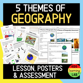 Preview of Five Themes of Geography l Lesson, Posters, & Assessment + Answer Key l EDITABLE