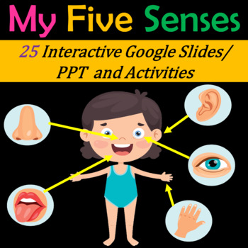 Preview of My Five Senses Activities | Virtual | Science Unit – 30 Google Slides/Powerpoint