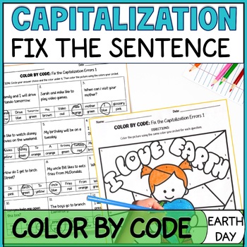 Preview of Fix The Sentence Capitalization Practice - Color By Code Earth Day Activities