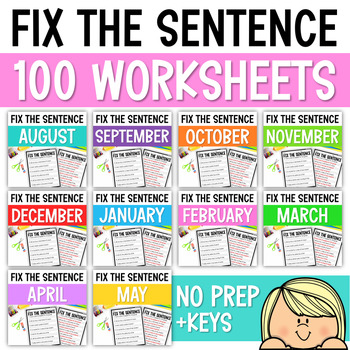 Preview of Fix the Sentence Worksheets, Sentence Editing Practice, Sentence Writing