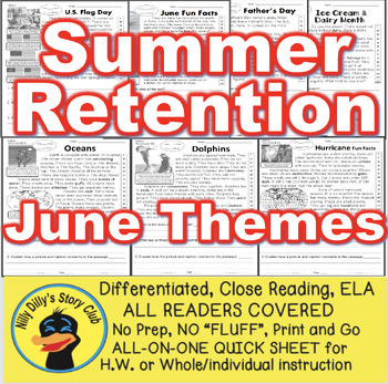 Preview of Flag Day & More June 7 Themes Leveled Passages w/ worksheet activities