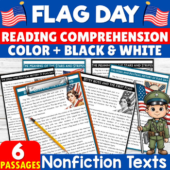 Preview of Flag Day Reading Comprehension Passages & Questions Worksheets Summer Activities