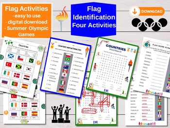 Preview of Flag Identification Activity Bundle, Summer Games 2024, Word Scramble, Education