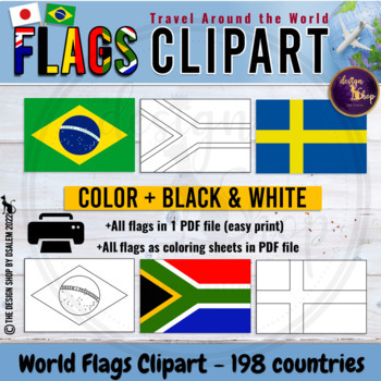 Preview of Flags Of The World Clipart and Coloring Sheets Colors Black White 198 Countries