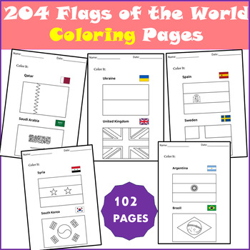 Preview of Flags of the World Coloring Pages: 204 World Flags - Art Activity Bundle