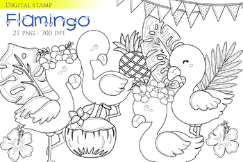 Preview of Flamingo Bird Summer Coconut Pineapple Ice - Black White Outline - Digital Stamp