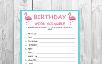Preview of Flamingo Birthday Word Scramble | Kid Games | Birthday Party Games