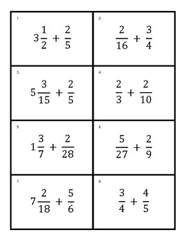 flash cards adding and subtracting mixed numbers and