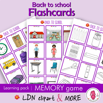 Preview of BACK TO SCHOOL Flashcards to learn basic words, print & play a memory game