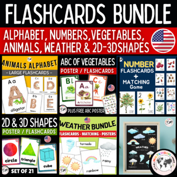 Preview of Flash Cards Bundle: Alphabet, Numbers, Animals, Vegetables, Weather, and Shapes 