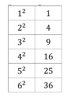 Preview of Flash cards 1 to 20 - Squared numbers and Square Roots