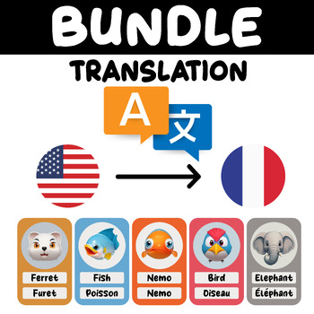 Preview of Flashcards English to French Cartoon Animals Bundle