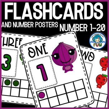 Preview of Number Posters and Flashcards - Tens Frame, Picture Cartoon Fun Fruit 1-20