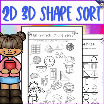Preview of Flat or Solid Shapes - 2d or 3d shape sort - Geometry Worksheets including maze