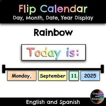 Preview of Flip Calendar Display - English and Spanish -  Watercolor Rainbow