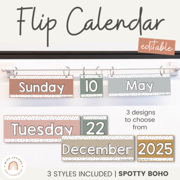 Preview of Flip Calendar | Spotty Boho Classroom Decor | Neutral Rainbow Themed | Editable