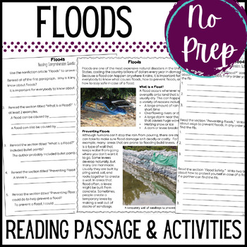 Preview of Floods Reading Comprehension - Passage, Questions, No Prep Worksheets