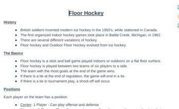 Preview of Floor Hockey Study Guide/Rules