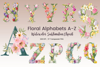 Preview of Floral Alphabets A to Z Clipart Bundle, Spring Flower Letters Sublimation pack