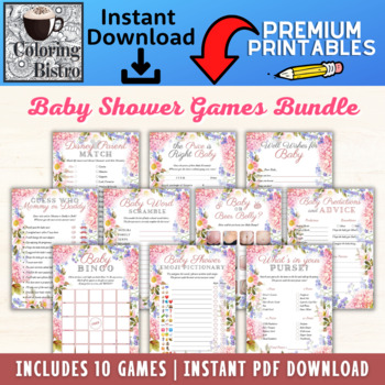 Preview of Floral Baby Shower Games Printable - Flower Girl - Baby Shower Games Package PDF
