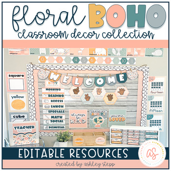 Preview of Floral Boho Classroom Decor Collection | Bundle | Editable