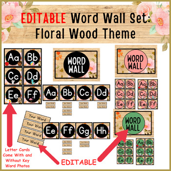 Preview of Floral Wood Classroom Decor: EDITABLE Word Wall Set