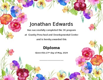 Preview of Floral Pansy Flower Themed Preschool Diploma / Certificate 3k 4k 5k   Theme