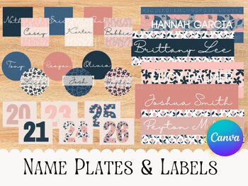 Preview of Floral Student Name Tags and Desk Labels Royal Blue and Soft Pink Labels