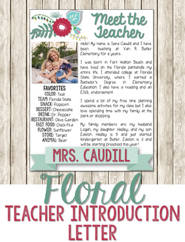 Floral Teacher Introduction Letter by Southern Standards | TpT