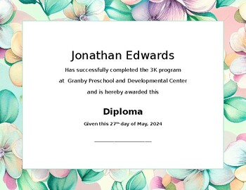 Preview of Floral Themed Preschool Diploma / Certificate 3k 4k 5k   Theme