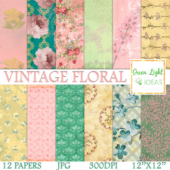 Floral Vintage Digital Papers / Floral Backgrounds / Shabby