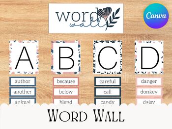 Preview of Floral Word Wall Royal Blue and Soft Pink Sound Wall Editable Sight Words